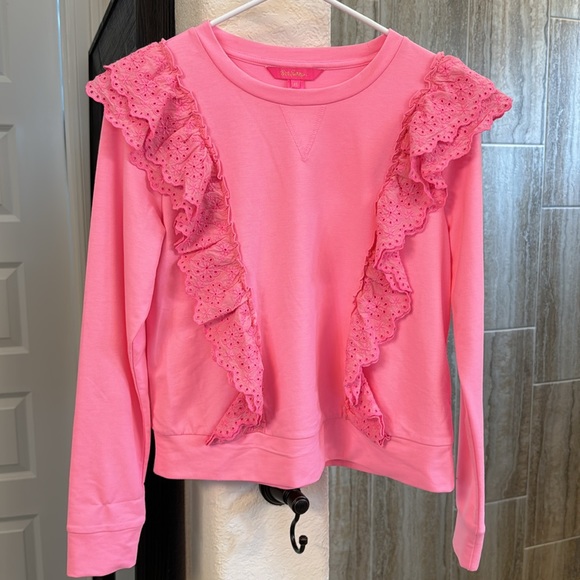 NWOT Lilly Pulitzer Deva Ruffle Sweatshirt Eyelet Pink Size XS - Picture 2 of 13